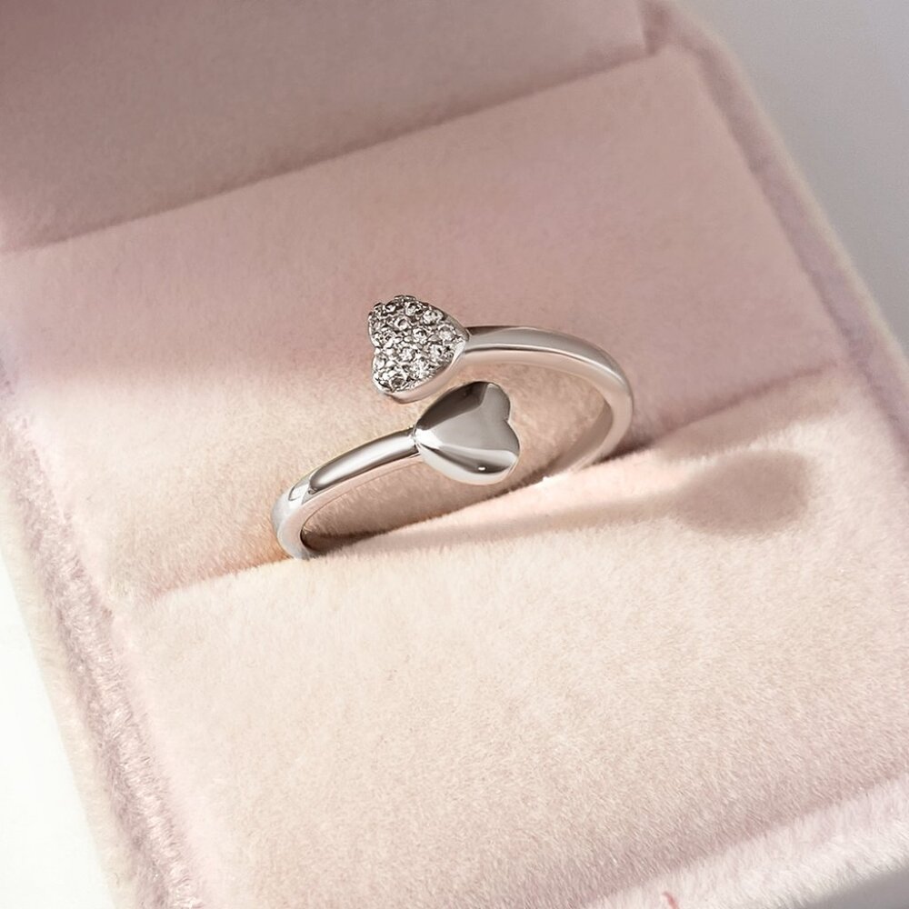 3/$35 Silver Tone Double Heart Bypass Copper Ring Sparkly CZ Adjustable Jewelry